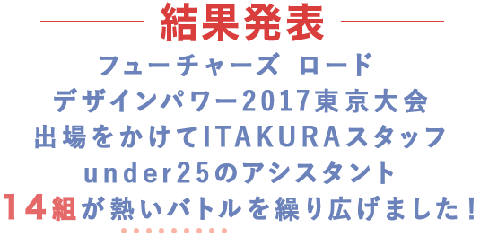 フューチャーズ ロード デザインパワー2017東京大会出場をかけてITAKURAスタッフunder25のアシスタント１4組が熱いバトルを繰り広げました！